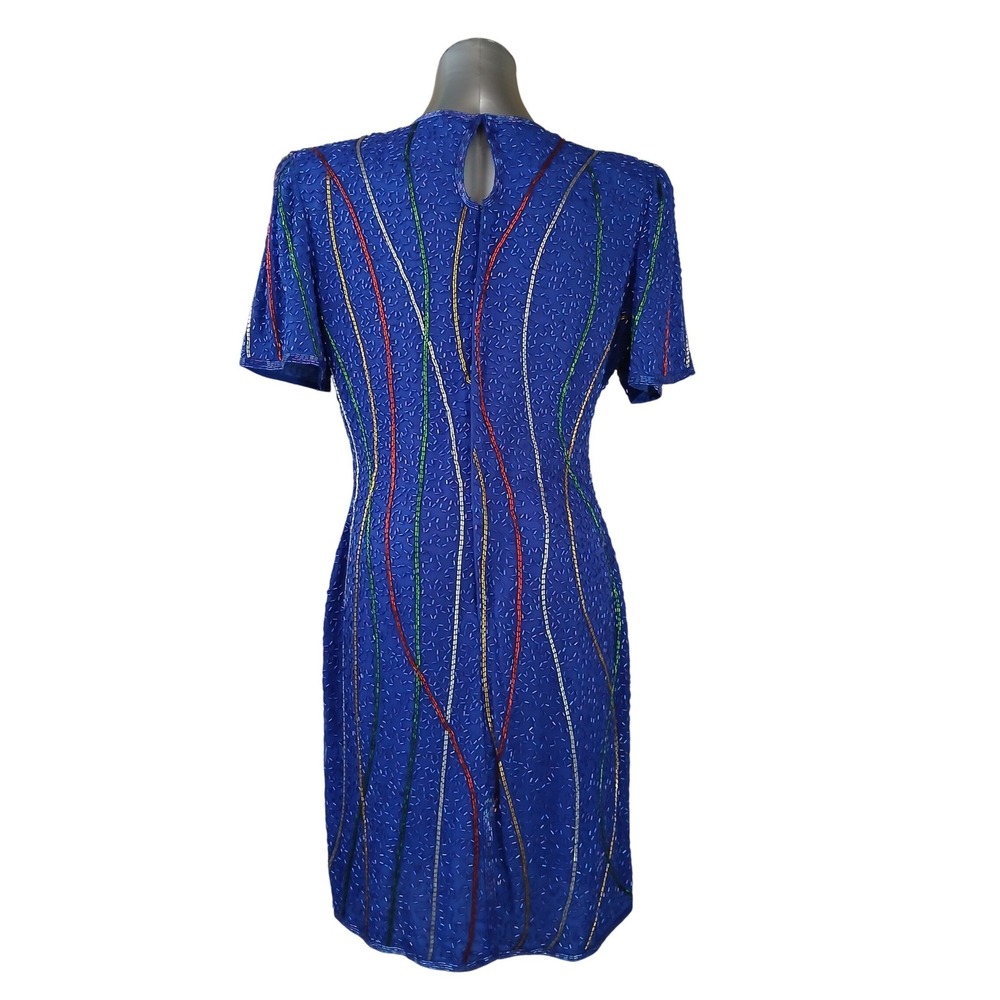 VTG Laurence Kazar New York Silk Beaded Cocktail Dress Royal Blue Wave 80s 90s L - Picture 3 of 7